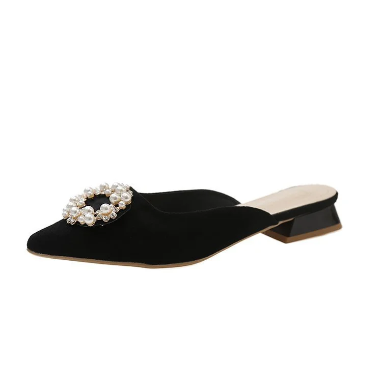 Yyvonne Spring And Summer New 4241 Large-Size Bag Head Half Slippers Women Wear Pointed Thick Heel Round Buckle Low Heel Women's Shoes Sand Drag