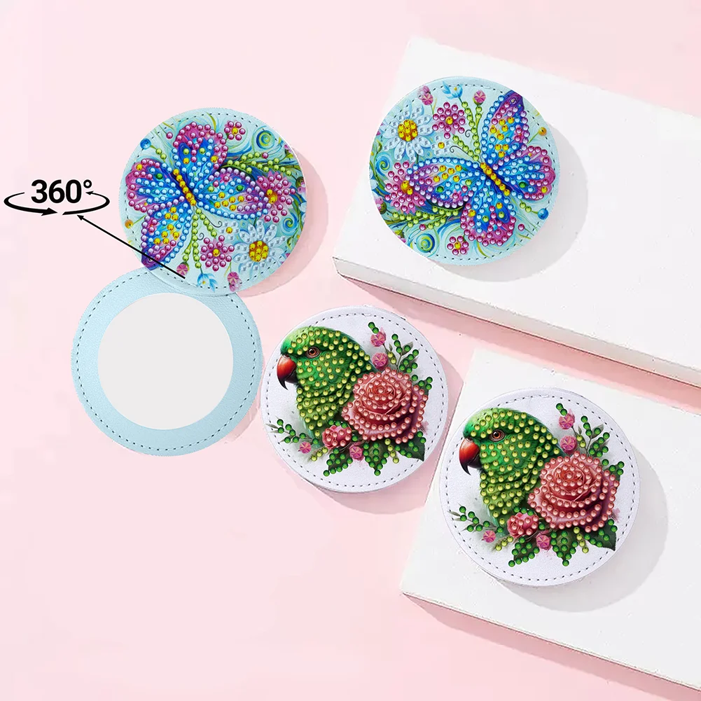 DIY Diamond Art Portable Cosmetic Mirror Round Diamond Painting Crafts (Bird)