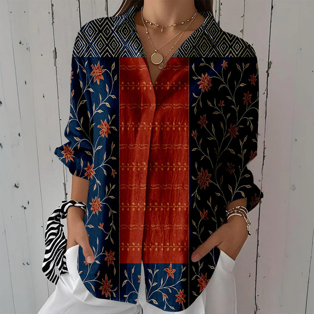 Style & Comfort for Mature Women Women Bohemian,Red,Blue,Floral DZCL0280 3/4 Sleeve Shirt Collar Printed Button Tops