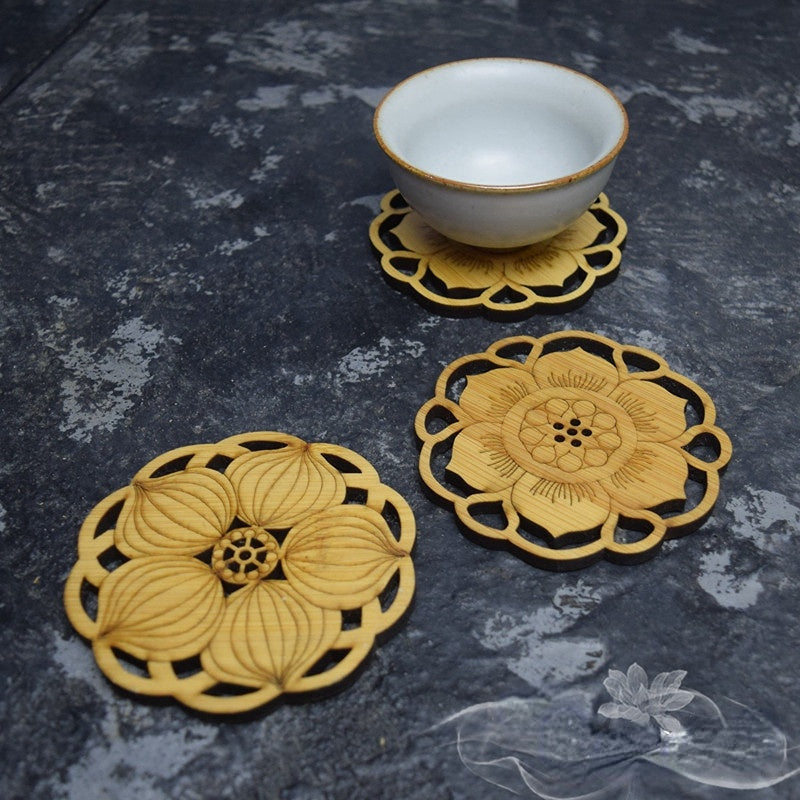 Hand-carved Bamboo Coaster Heat Proof Mat Small Teacup Mat Creative Chinese Zen Hollow Coaster