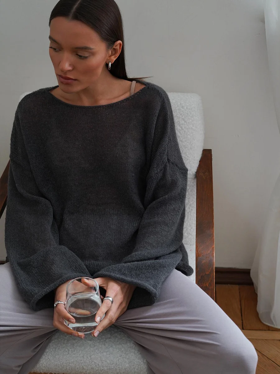 Athvotar Athvotar New Hollow Knitted Top 2025 New Round Collar Perspective Thin Sweater Woman