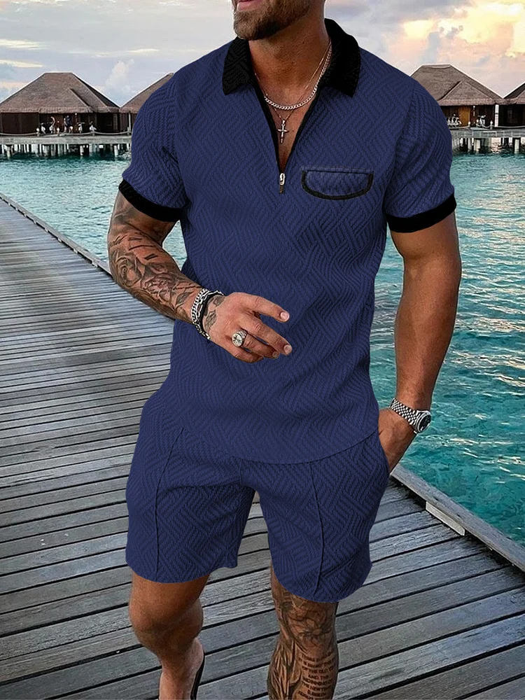 Men's Casual Blue Printed Zip Polo Shirt and Shorts Two-Piece Suits