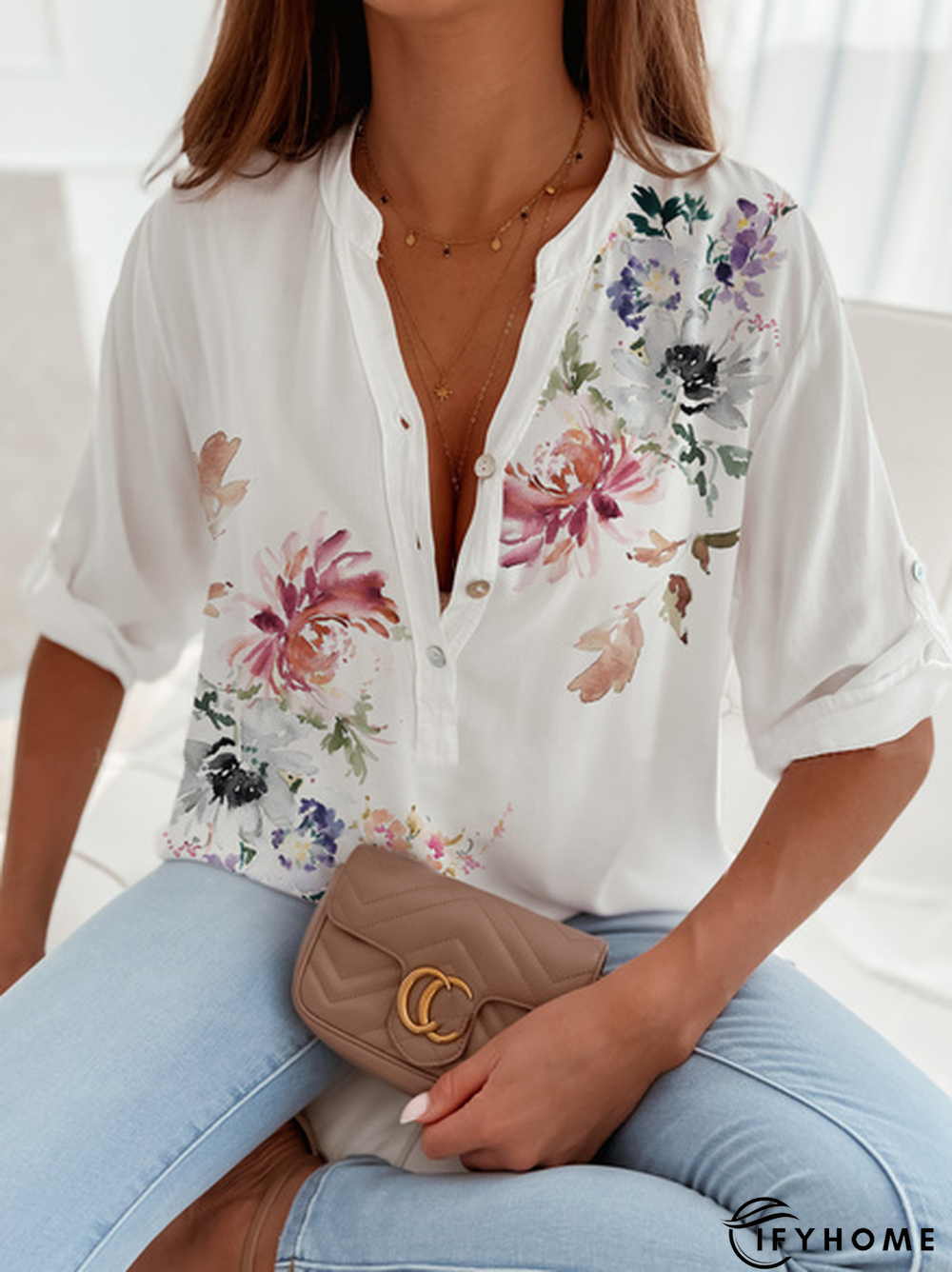 Cotton-Blend V Neck Loose Blouse | IFYHOME