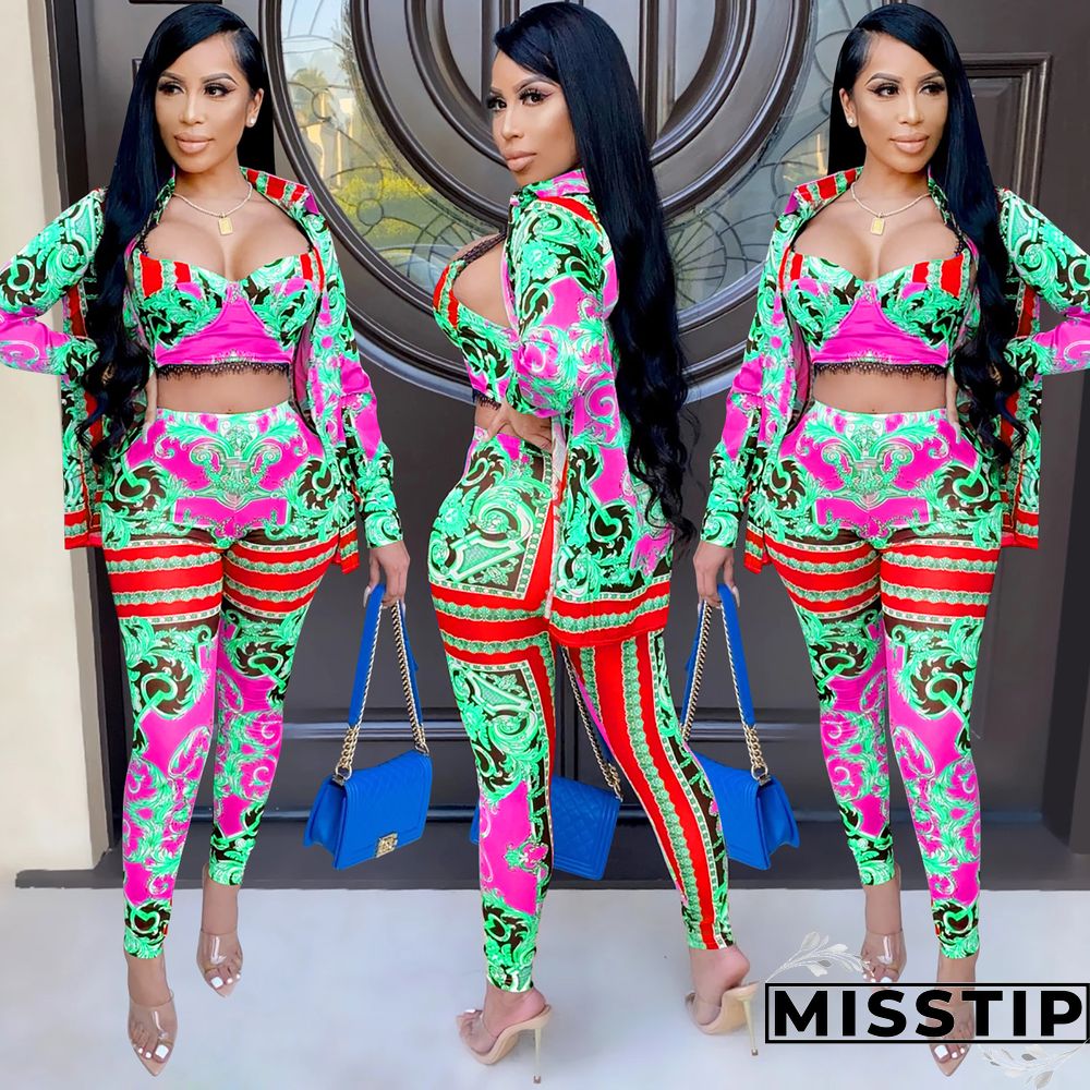 Women Printed Tank Top+Jacket Skinny Pants 3 Pieces
