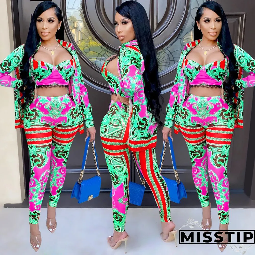 Women Printed Tank Top+Jacket Skinny Pants 3 Pieces