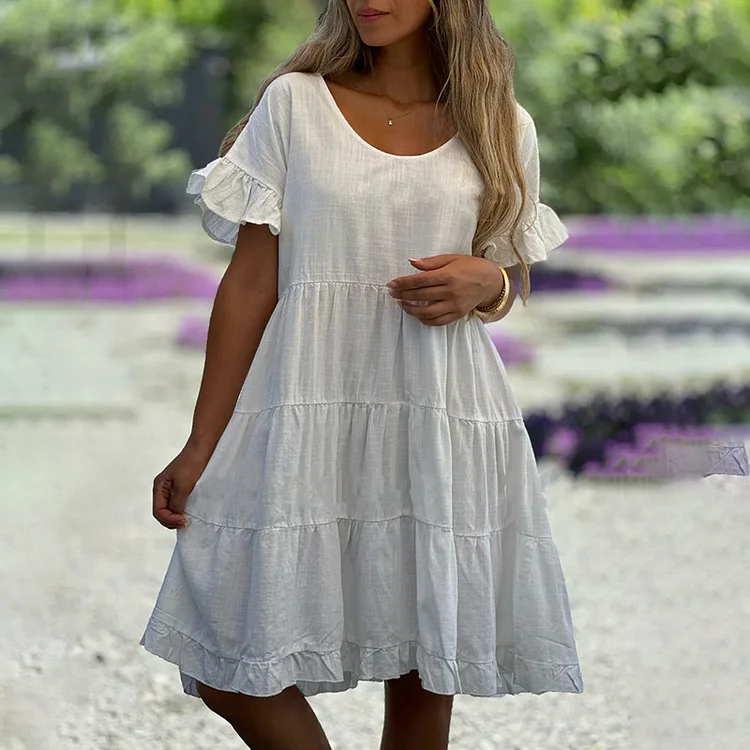 Solid Color Large Hem Casual Lotus Leaf Sleeve Midi Dress