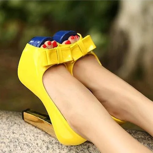 Yellow Peep Toe Block Heel Bow Pumps Vdcoo