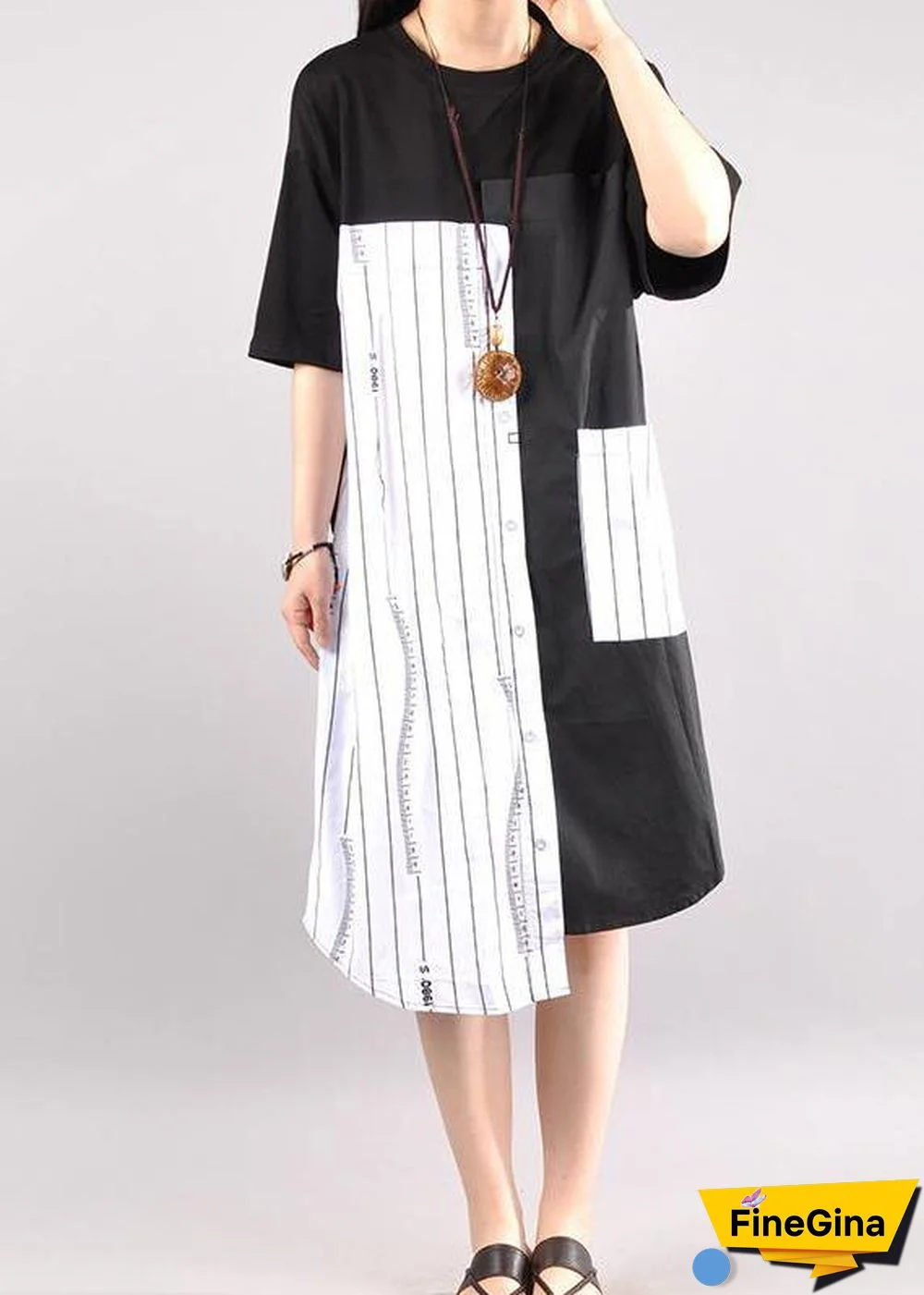 Organic cotton outfit Boho Casual Striped Spliced Irregular Half Sleeve Dress