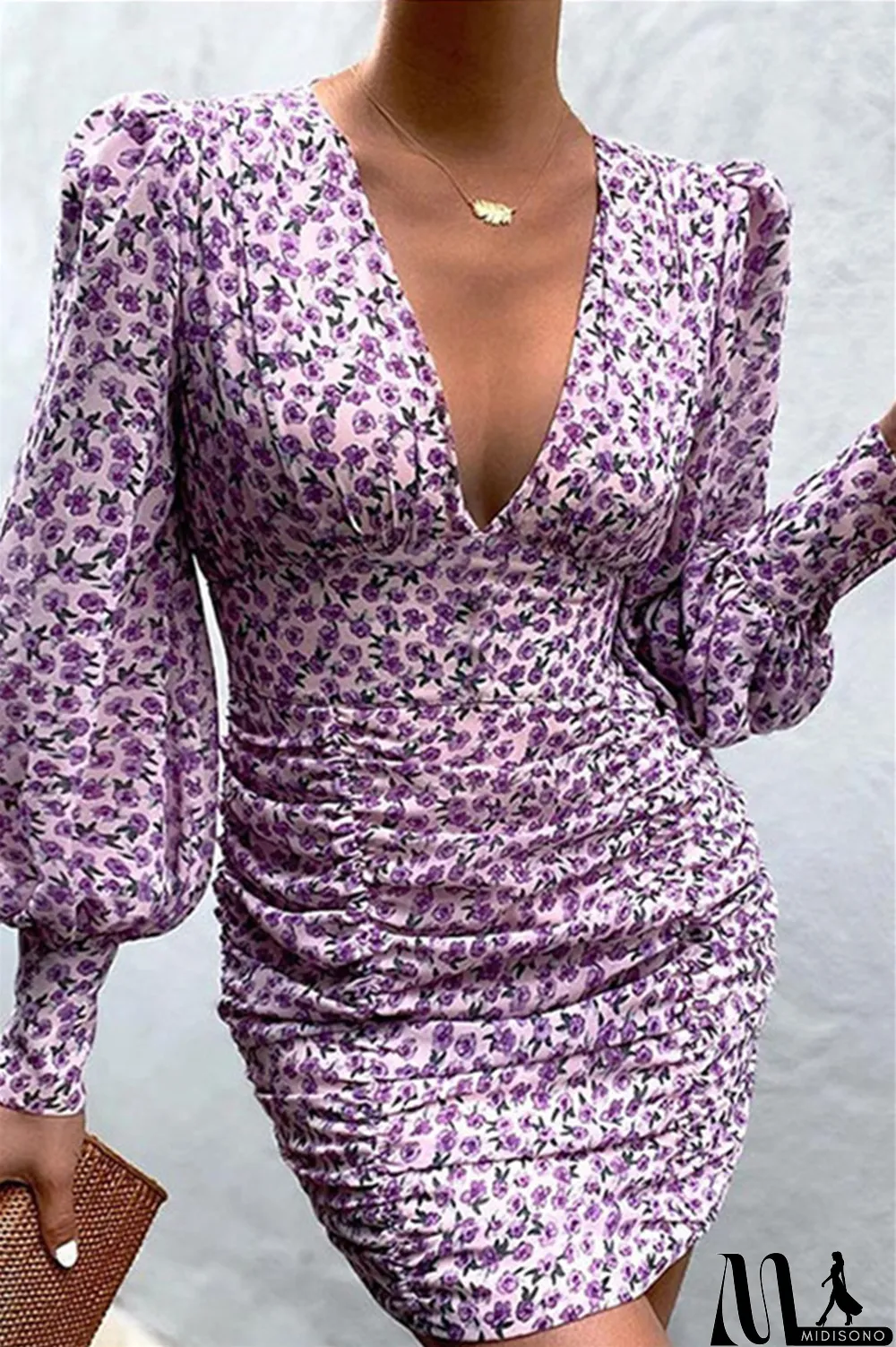 MidiSono - Green Fashion Sexy Print Fold V Neck Long Sleeve Dresses