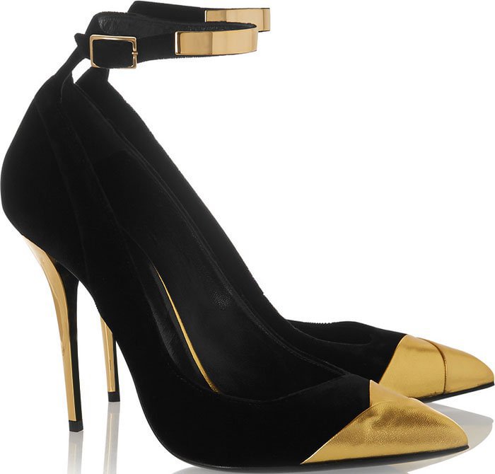 Black and Gold Ankle Strap Heels Stilettos Pumps Metallic Heels |FSJ Shoes