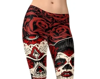 pornhint Pornhint Sugar Skull Leggings, Day of The Dead Leggings, High Waist Leggings, Yoga Pants, Capris, Yoga Tights, Printed Leggings, Leggings for Women