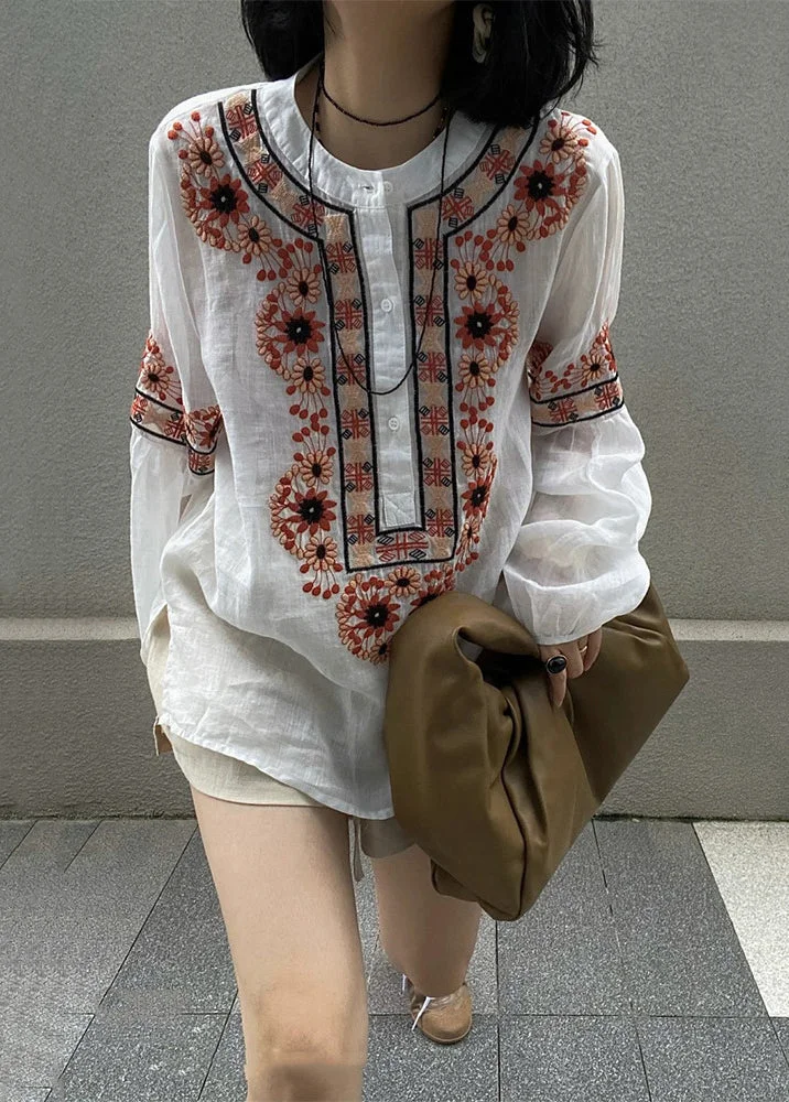 New White Embroideried Button Patchwork Cotton Blouses Fall