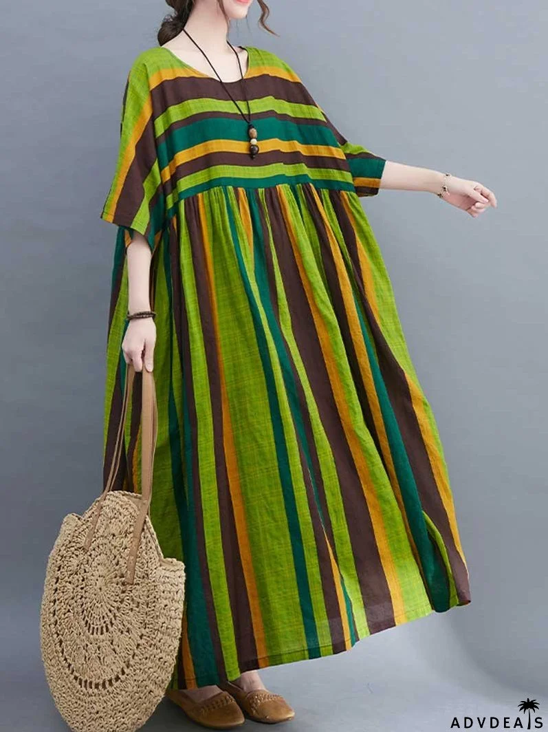 Striped Cotton Short-Sleeves A-Line Dress