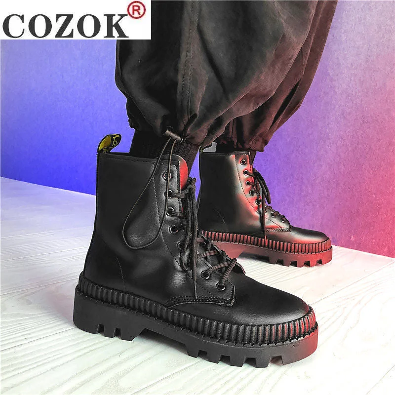 2021 Winter New Black Thick Base Cloth Mid-Top Boots Men Fall British Trend Boots Hight-Top Korean Casual Men's Shoes Boots