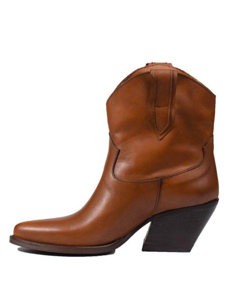 Brown Cowgirl Ankle Boots Slanted Block Heel Western Booties