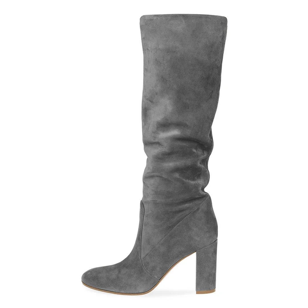 Grey Vegan Suede Chunky Heel Slouchy Round Toe Tall Boots for Women
