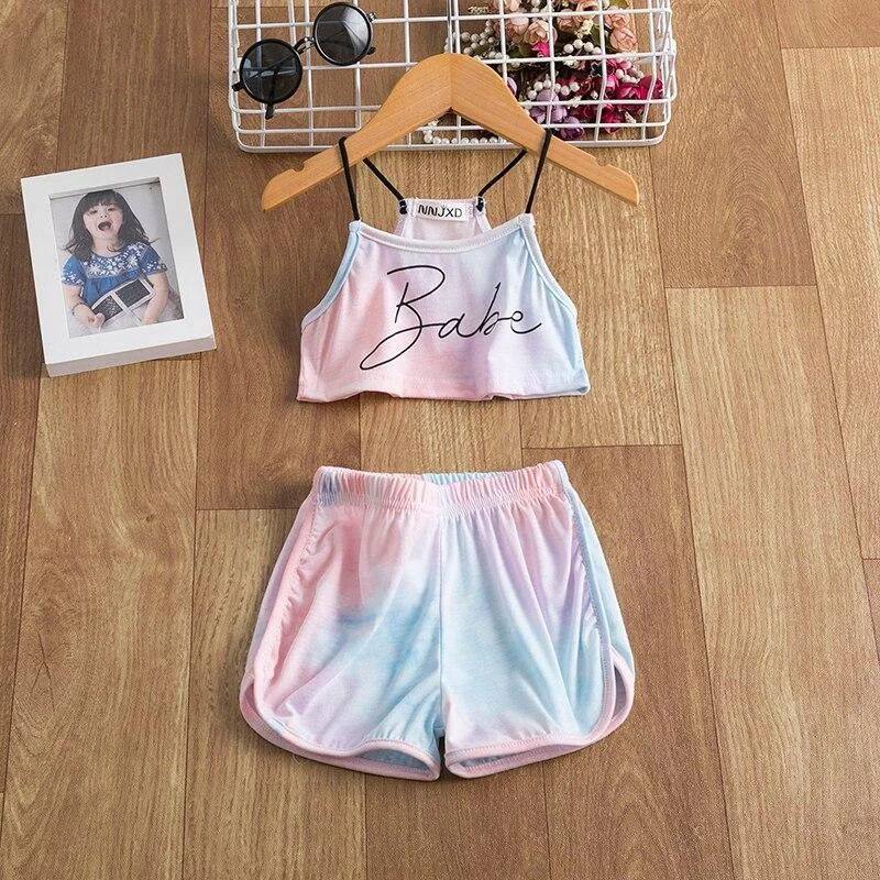 Littile Girl's Clothes Set Summer Kids Tie dye Sling Top+ Short Pants Outfits Soft Casual Kids Sleeveless Clothing Sets Toddler