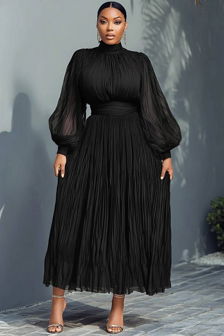 Xpluswear Design Plus Size Churchs Navy Blue Mock Neck Lantern Sleeve Long Sleeve See Through Elegant Ruffled Midi Dresses 2024 - Xpluswear