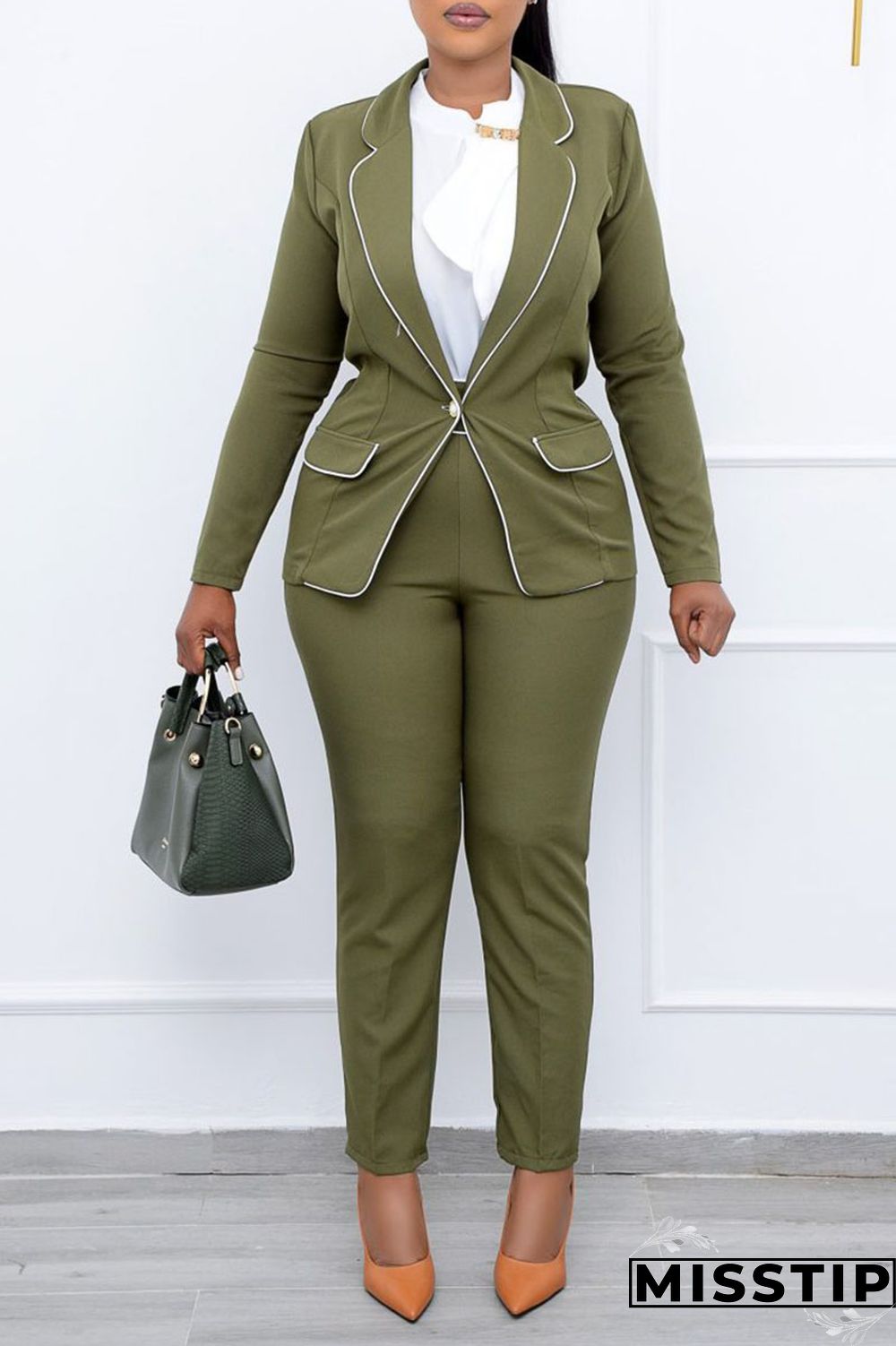 Army Green Casual Work Solid Patchwork Buttons Turn-back Collar Long Sleeve Two Pieces