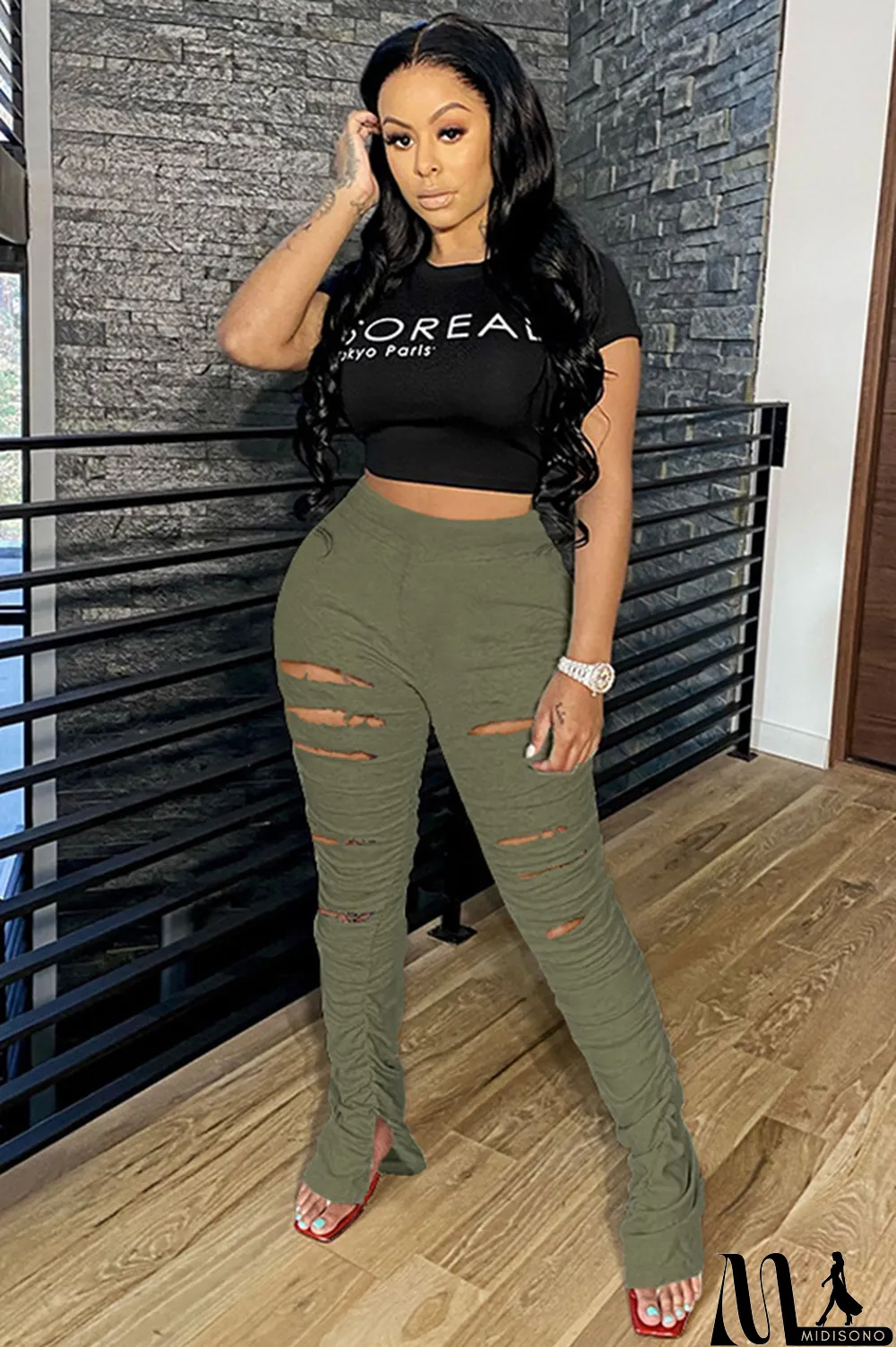 MidiSono - Black Polyester Drawstring Sleeveless Mid Patchwork Split Solid Hole Boot Cut Pants