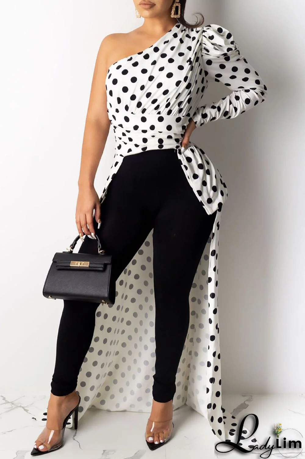 Black Sexy Print Leopard Split Joint Fold Asymmetrical Oblique Collar Dresses