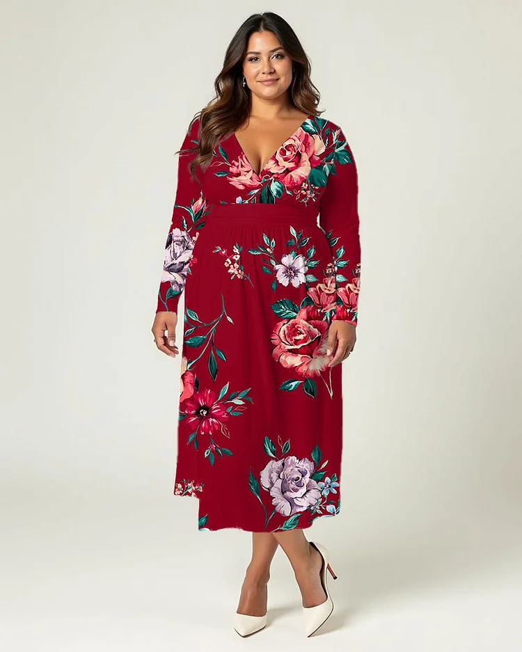 Plus Size Elegant Red Floral Print Wrap Midi Dress