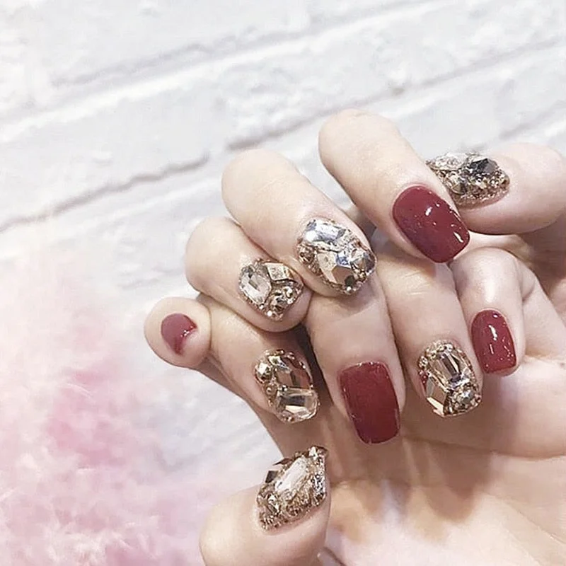 24pcs Women Wearable Full Cover Fake press on Nails Fresh Japanese Style Matcha Green with Shiny Rhinestone fake nails with gule-Nail Inspo