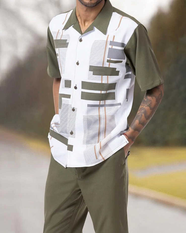 Two Piece Short Sleeve Print Walking Suit Set With Long Pants
