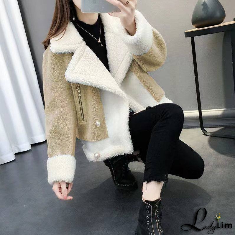 Short Loose Knit Lamb Wool Coat for Women