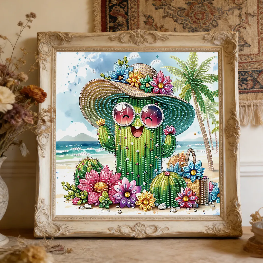Beach Straw Hat Cactus Special Shaped 5D DIY Partial Drill Diamond Painting Kits for Adults Beginners Home Decor Diamonds Paintings Gem Art 11.81 X11.81inch