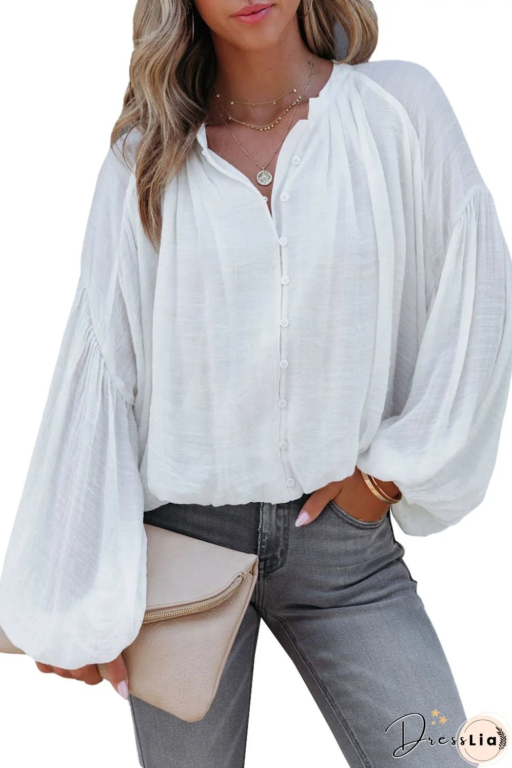 White V Neck Balloon Sleeve Shirt in Solid Color