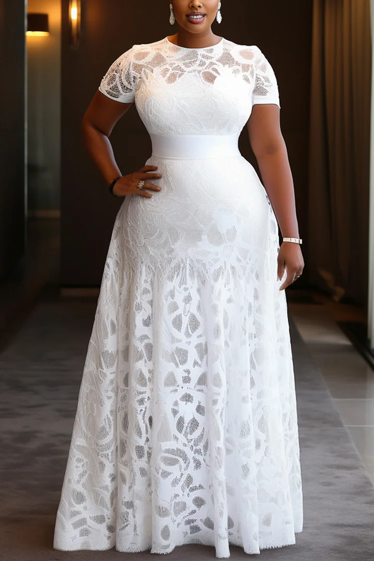 Xpluswear Design Plus Size Wedding White Round Neck Short Sleeve Elegant Guipure Lace Maxi Dresses [Pre-Order]