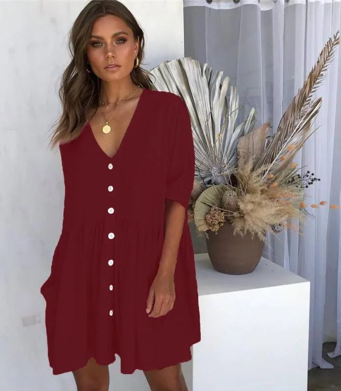 Summer Women Dress 2021 Robe Femme Boho V-neck Spring Sexy Bohemian Dress Pocket Button Beach Dress Vestidos De Mujer Casual