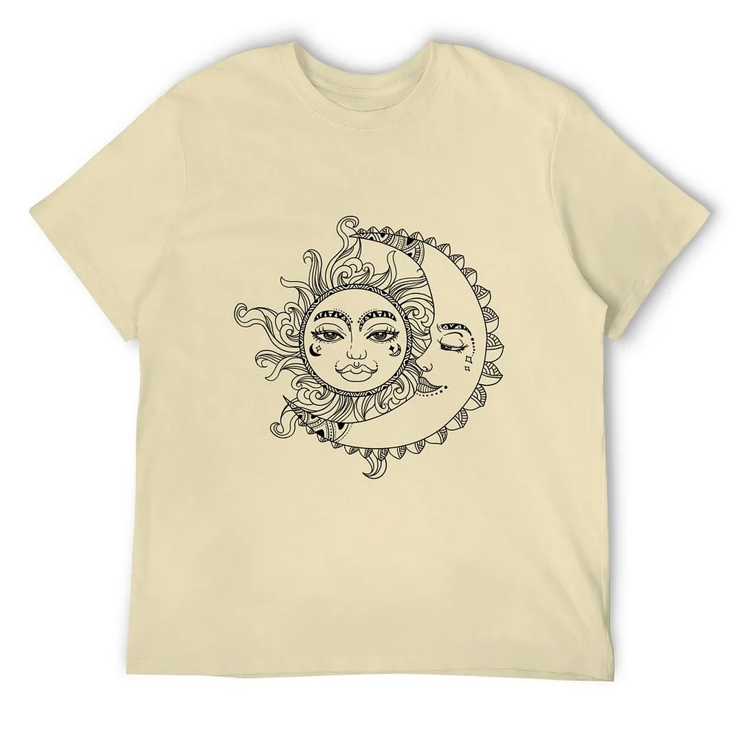 Women plus size clothing Printed Unisex Short Sleeve Cotton T-shirt for Men and Women Pattern Sun and Moon Painting-Nordswear