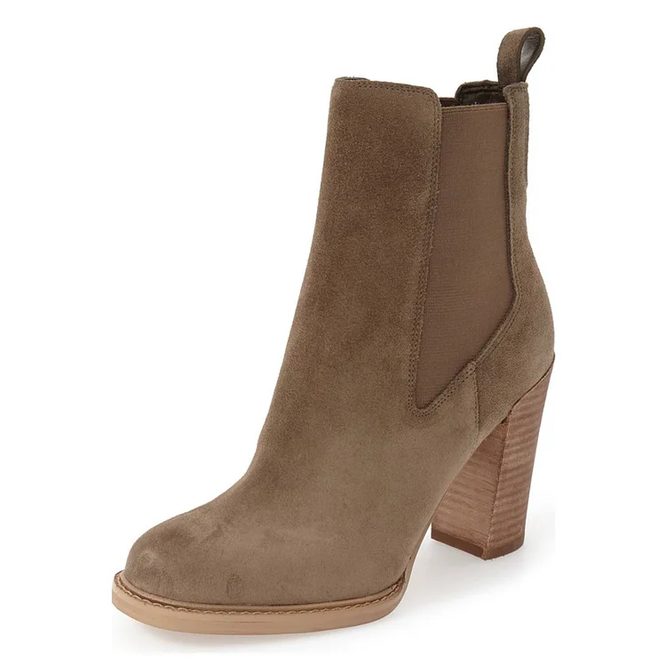 Light Brown Women's Booties Stacked Heel Chelsea Boots with Pull Tab |FSJ Shoes