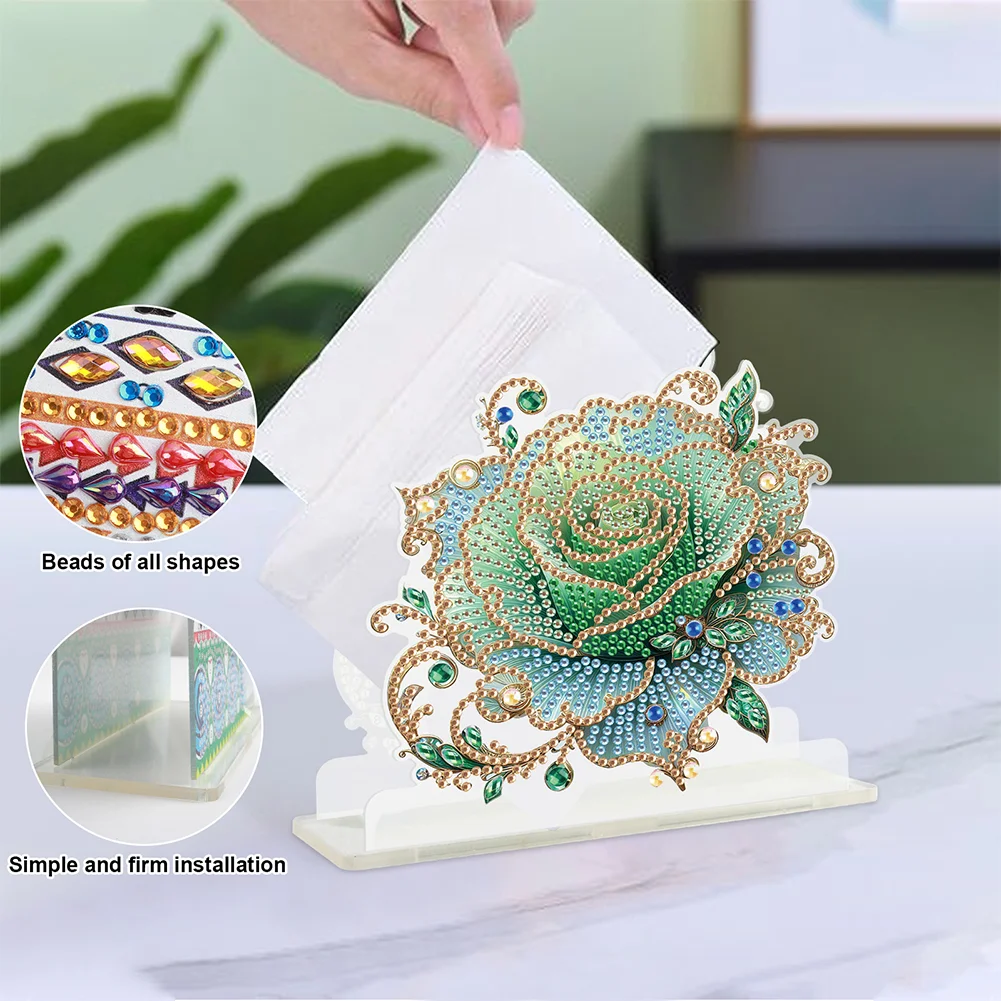 5D DIY Rose Diamond Art Acrylic Paper Towel Storage Rack Decor for Home Decor