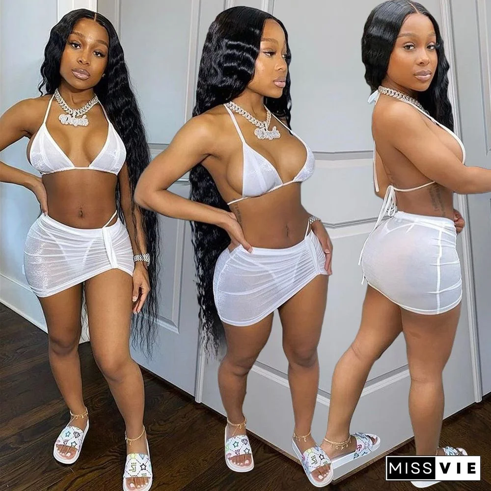 Sexy 2 Piece Set Women Bra Crop TopAnd Mini Skirt Mesh Sheer Ruched Party Bodycon Club Outfits Summer Beach Women Set Underwear