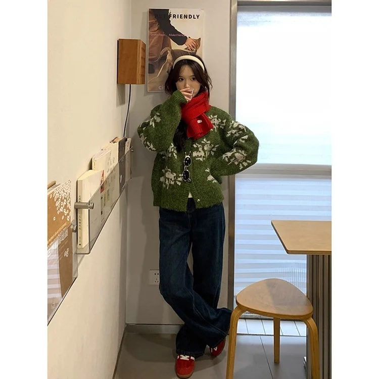 Athvotar Athvotar Vintage Fair Island Jace Sweater Women's Autumn/Winter New Lazy Wind Heavy Industry Snowflake Short Cardigan T-Shirt Tide