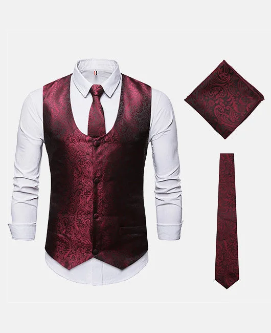 Business Black Jacquard Single Breasted Blazer Vest & Tie & Pocket Square 3Ps Set