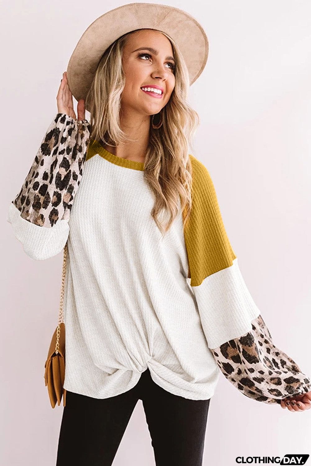 Long Sleeve Waffle Knit Orange Blouse with Twist Knot