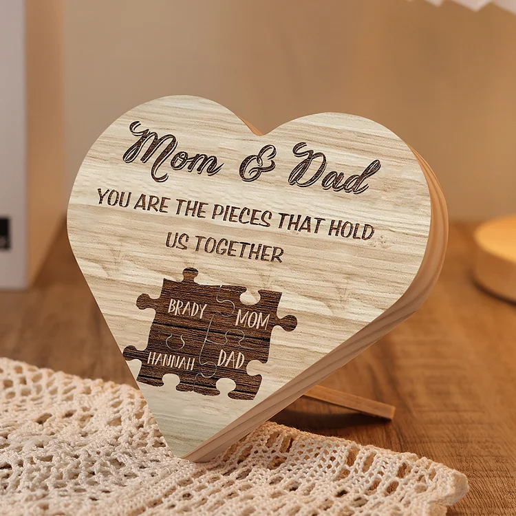 4 Names-Personalized Mom and Dad Wood Heart Ornament-You Are The Piece That Holds Us Together-Heart Wooden Desktop Decoration Gifts for Mother/Father