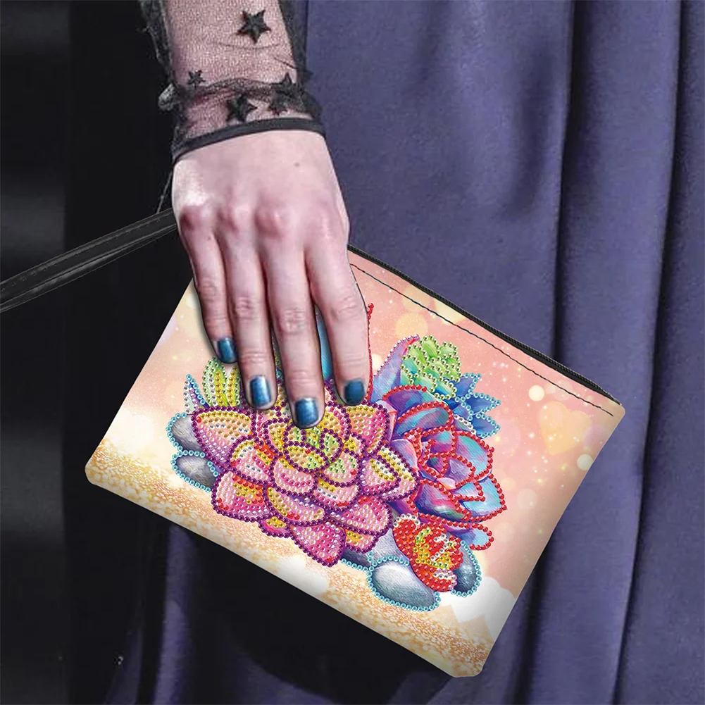 DIY Succulent PU Partial Special Shaped Diamond Painting Wallet Makeup Bag