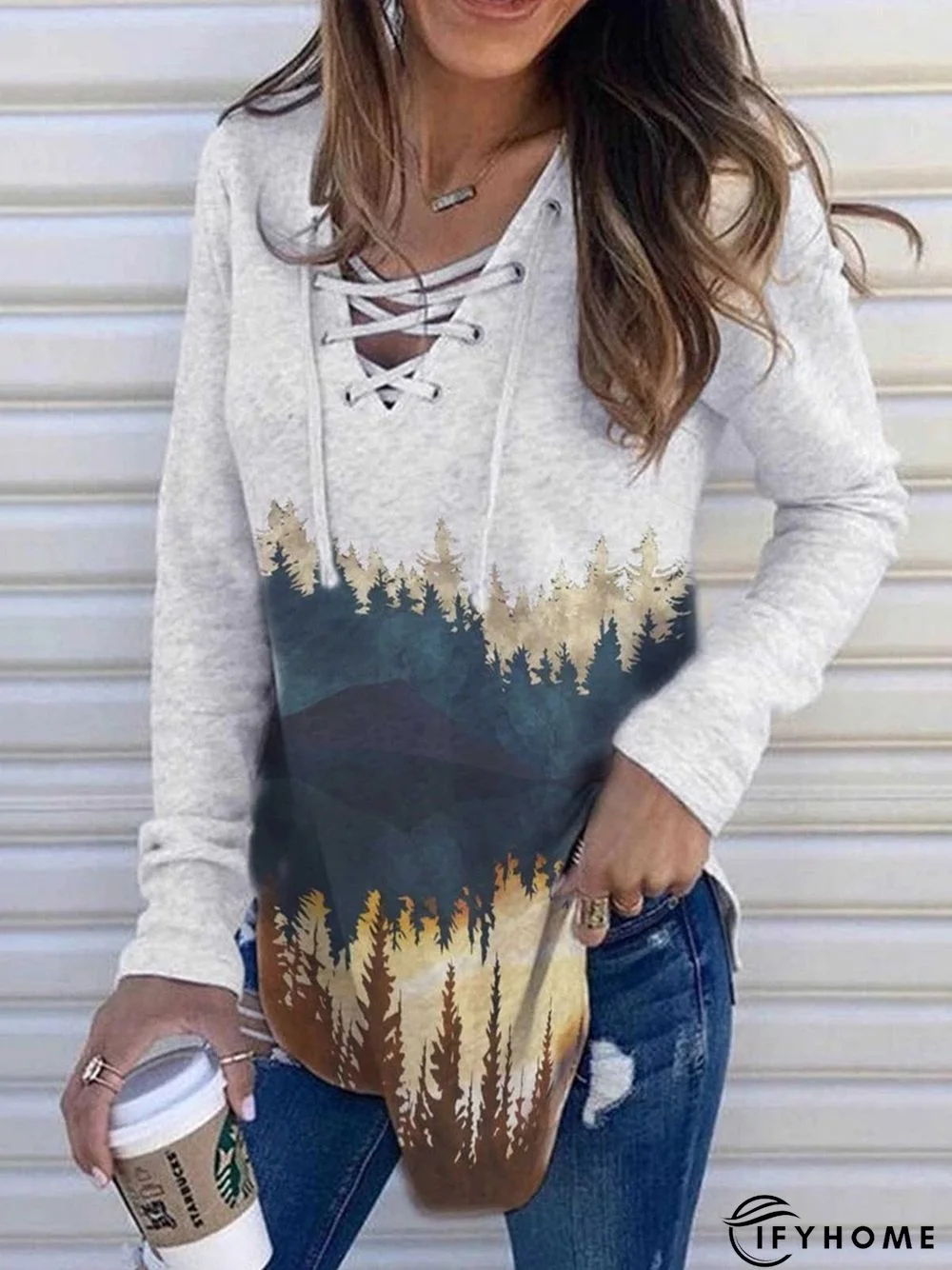 Gray Lace-Up Printed  Casual V Neck Sweatshirt | IFYHOME