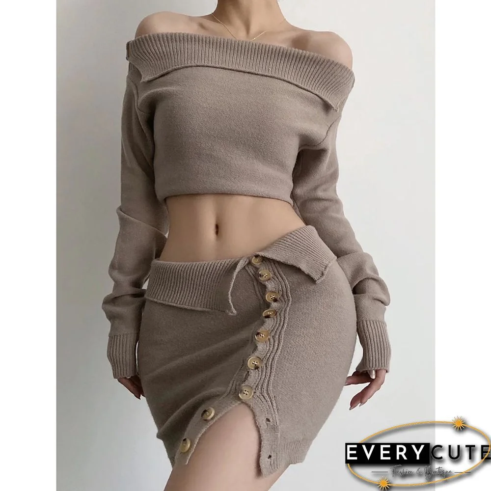 Khaki Knit Off Shoulder Sweater and Button Skirt Set