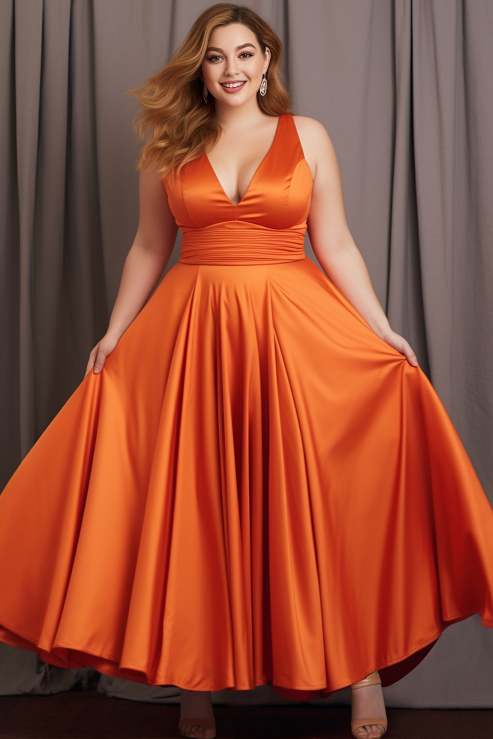 Flycurvy Plus Size Bridesmaid Orange Satin Tunic Sleeveless Maxi Dress