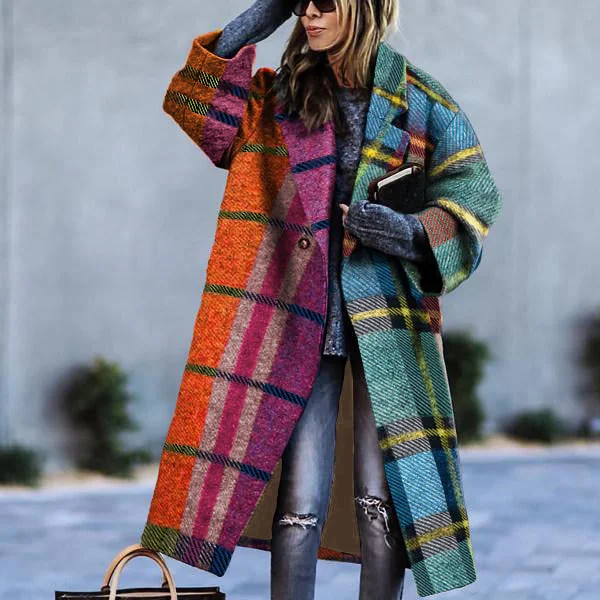 VChics Color Block Plaid Plus Size Long Sleeve Coat