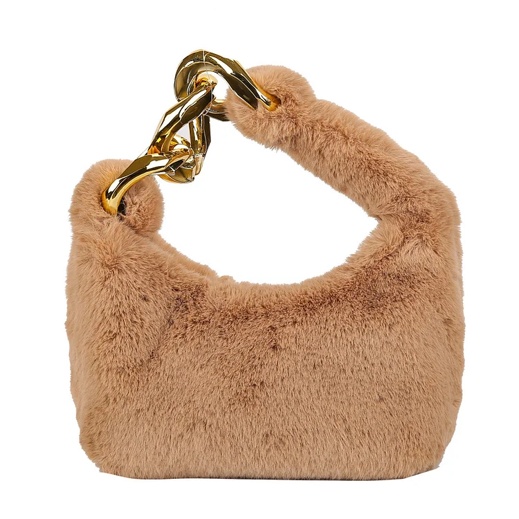 Women Fluffy Handbag Zipper Plush Soft for Shopping Dating Travel (Khaki)