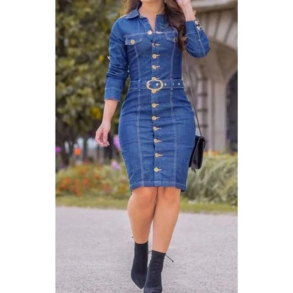 Yskkt Denim Dress Women Button Knee Length Spring Autumn Vintage Vestidos Robe Casual Slim Ladies Office Dress Shirt Jeans Dress
