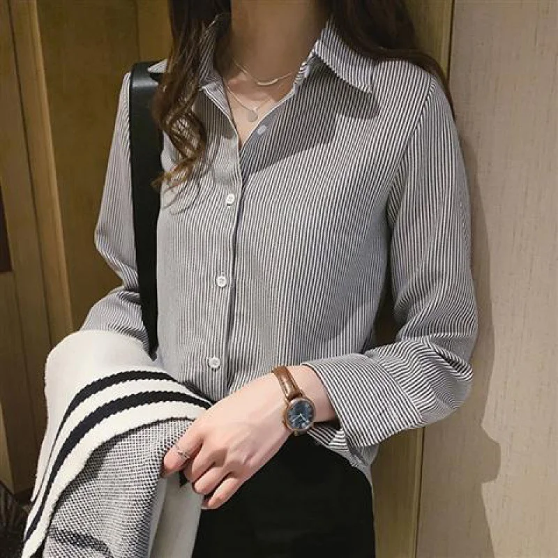 Brownm Brownm Spring And Autumn New Long-Sleeved Striped Shirt Female Korean Version Of Loose Large-Size Bottom Shirts Thin Professional Shirt