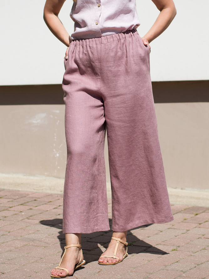 Solid Cotton-Blend Casual Pants